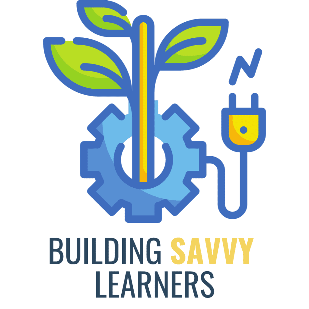 The Building Savvy Learners Logo features a plant sprouting out of a gear with an electric plug dangling to the side.
