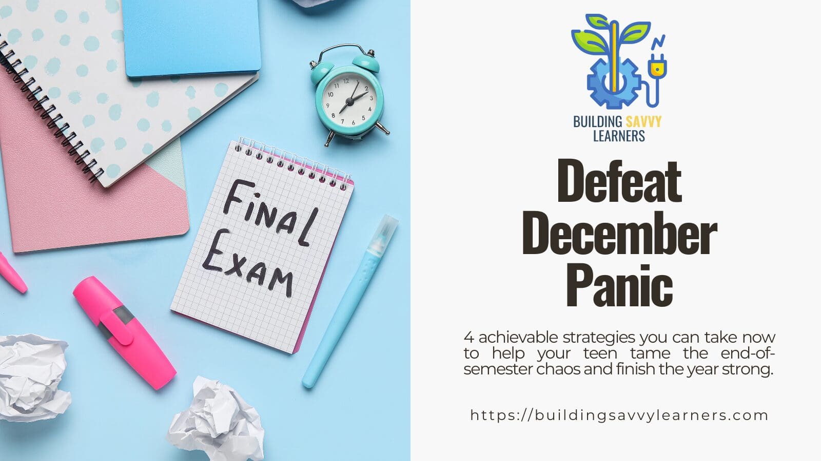 Image of a notepad that reads "Final Exam" along with several other office supplies scattered around it.